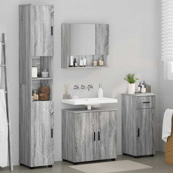 vidaXL Badezimmermöbel Set mit Tür 4 pcs Grau Sonoma Holzwerkstoff
