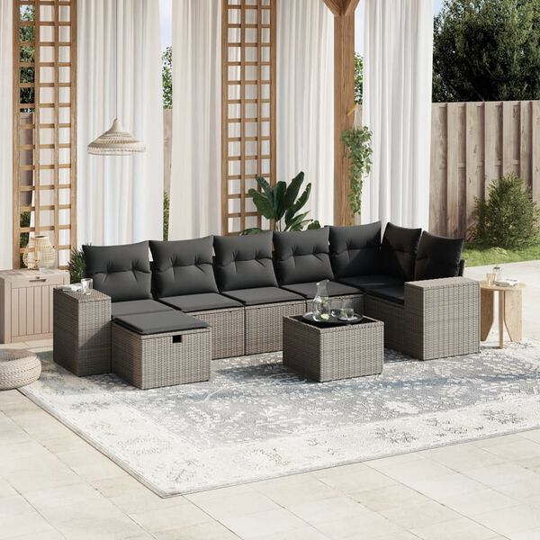 vidaXL 7-tlg. Garten-Sofagarnitur mit Kissen Hellgrau Poly Rattan