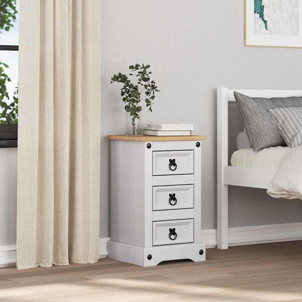 vidaXL Nachttisch Corona Wei&szlig; 35 x 32,5 x 58 cm Massives Kiefernholz