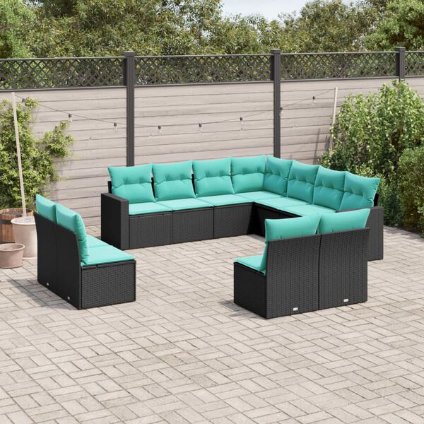 vidaXL 11-tlg. Garten-Sofagarnitur mit Kissen Schwarz Poly Rattan