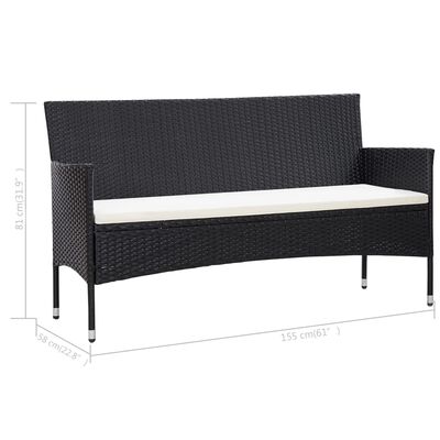 vidaXL 3-Sitzer-Gartensofa mit Kissen Schwarz Poly Rattan