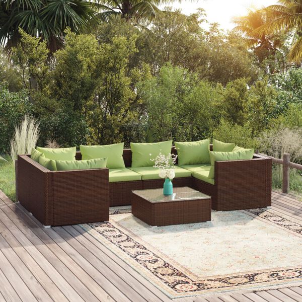 vidaXL 7-tlg. Garten-Lounge-Set mit Kissen Poly Rattan Braun