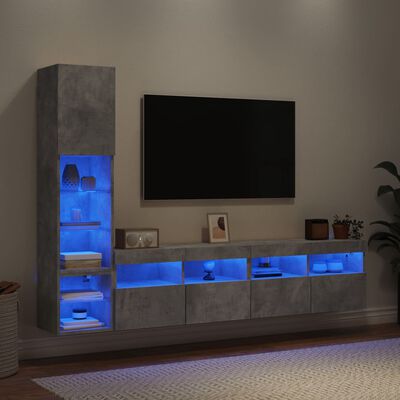 vidaXL 4-tlg. Wohnwand mit LED-Beleuchtung Betongrau Holzwerkstoff