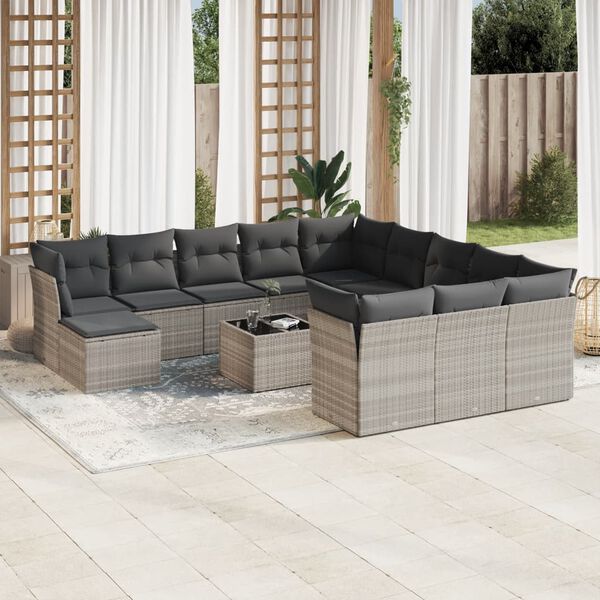 vidaXL 13-tlg. Garten-Sofagarnitur mit Kissen Hellgrau Poly Rattan
