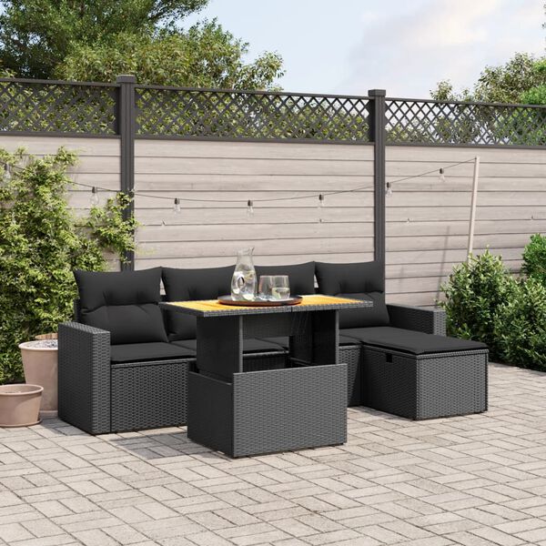 vidaXL 6-tlg. Garten-Sofagarnitur mit Kissen Schwarz Poly Rattan