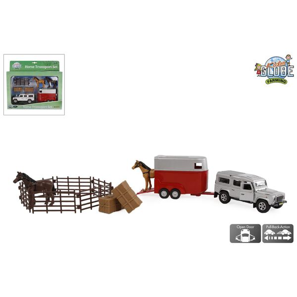 Kids Globe Pull-Back Land Rover mit Pferdeanh&auml;nger und Zubeh&ouml;r 26 cm