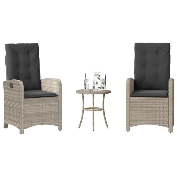 vidaXL 3-tlg. Bistro-Set mit Kissen Hellgrau Poly Rattan
