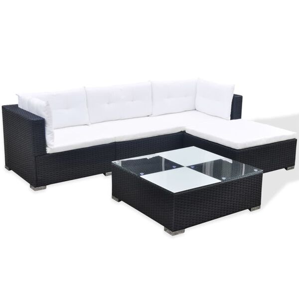 vidaXL 5-tlg. Garten-Lounge-Set mit Auflagen Poly Rattan Schwarz