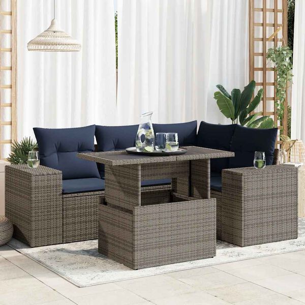 vidaXL 5-tlg. Garten-Sofagarnitur mit Kissen Grau Poly Rattan