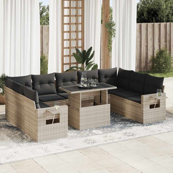 vidaXL 10-tlg. Garten-Sofagarnitur mit Kissen Hellgrau Poly Rattan