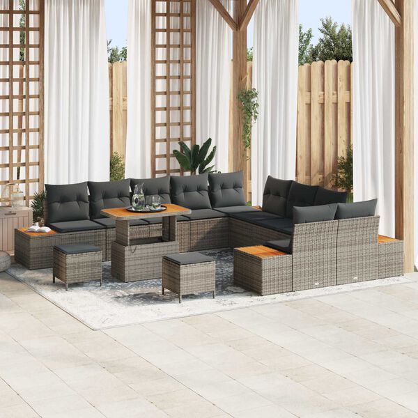 vidaXL Gartensofa-set mit Kissen mit Speicher 13 pcs Grau Poly Rattan