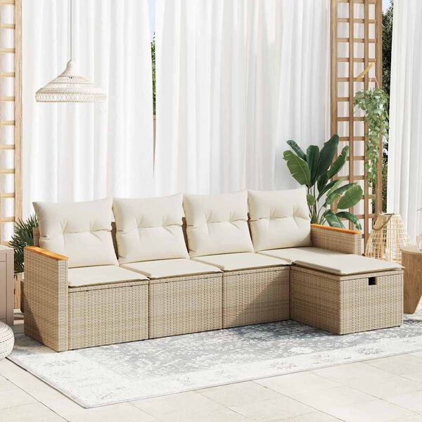 vidaXL 5-tlg. Garten-Sofagarnitur mit Kissen Beige Poly Rattan