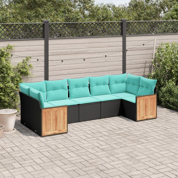 vidaXL 7-teiliges Gartensofa-Set mit Kissen, schwarzes Polyrattan