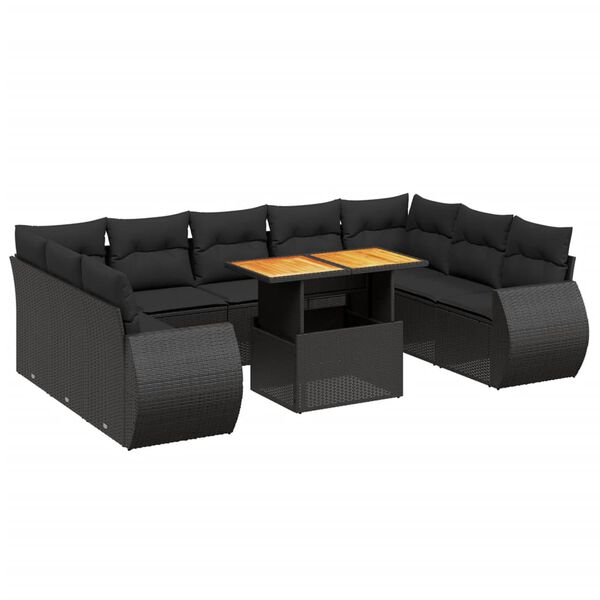 vidaXL 10-tlg. Garten-Sofagarnitur mit Kissen Schwarz Poly Rattan