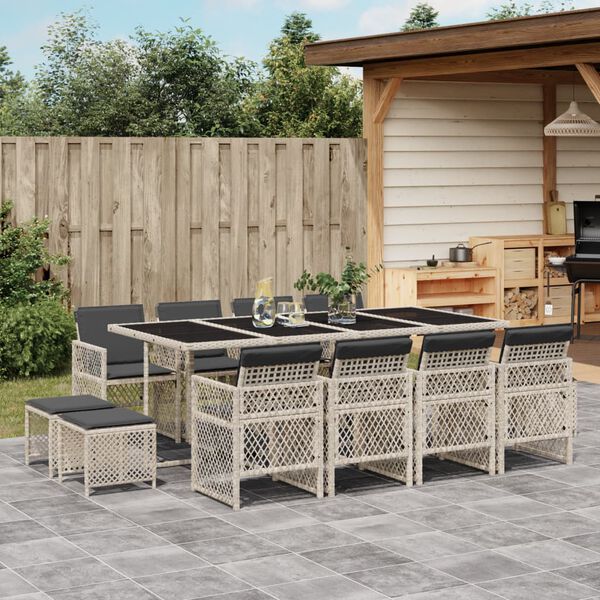 vidaXL 13-tlg. Garten-Essgruppe mit Kissen Hellgrau Poly Rattan