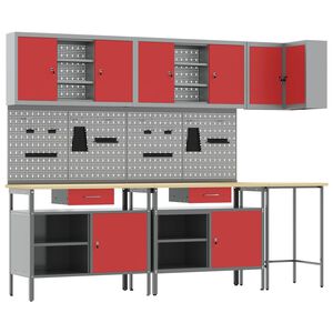 vidaXL Arbeitsschrankset mit Schubladen mit Regal 10 Stk. Rot und Grau