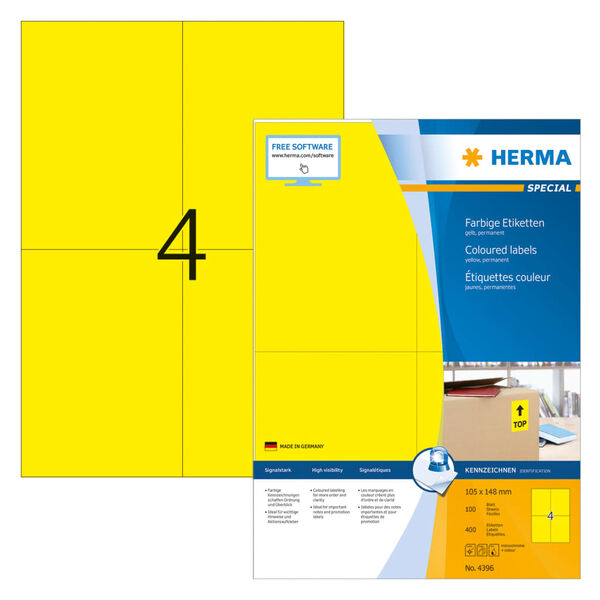 HERMA Universal-Etiketten Permanent A4 105x148 mm 100 Bl&auml;tter Gelb