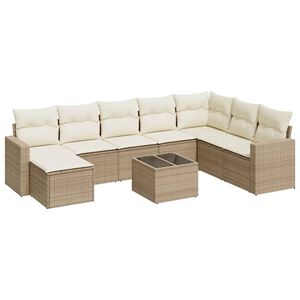 vidaXL 9-tlg. Garten-Sofagarnitur mit Kissen Beige Poly Rattan