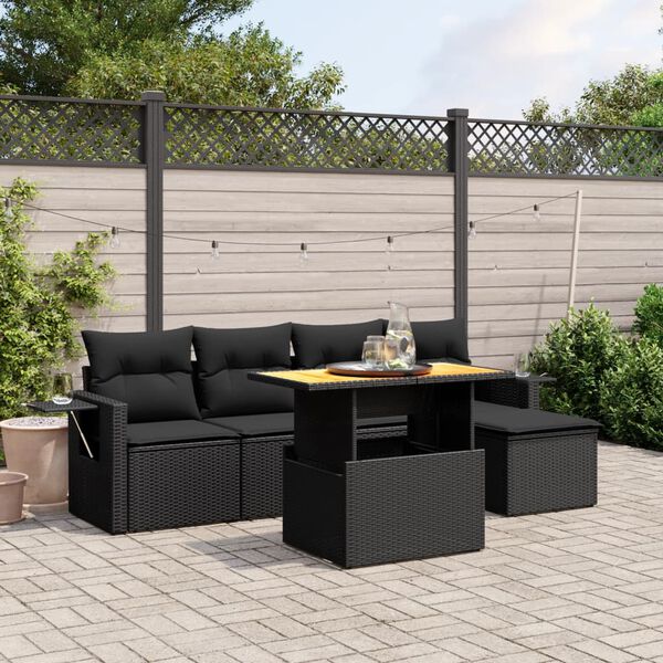 vidaXL 6-tlg. Garten-Sofagarnitur mit Kissen Schwarz Poly Rattan
