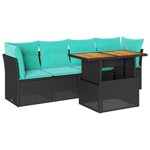 vidaXL 5-tlg. Garten-Sofagarnitur mit Kissen Schwarz Poly Rattan