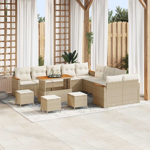 vidaXL Garten-Sofa-Set mit Kissen mit Speicher Beige Poly Rattan