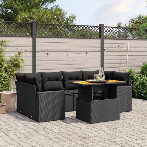 vidaXL 7-tlg. Garten-Sofagarnitur mit Kissen Schwarz Poly Rattan