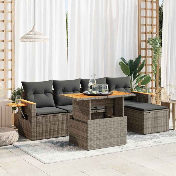 vidaXL 6-tlg. Garten-Sofagarnitur mit Kissen Grau Poly Rattan Akazie