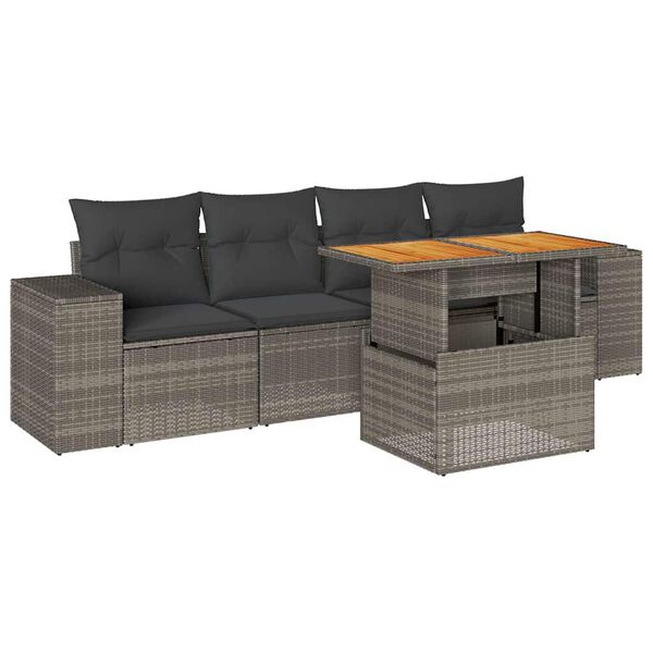 vidaXL 5-tlg. Garten-Sofagarnitur mit Kissen Grau Poly Rattan