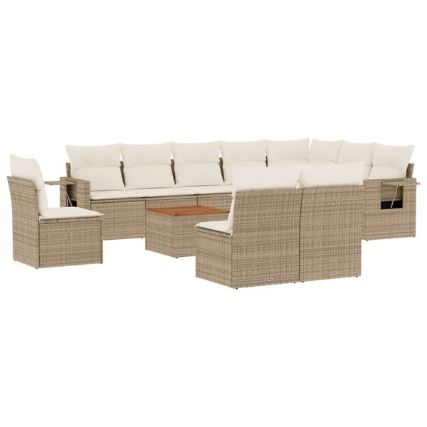 vidaXL 11-tlg. Garten-Sofagarnitur mit Kissen Beige Poly Rattan