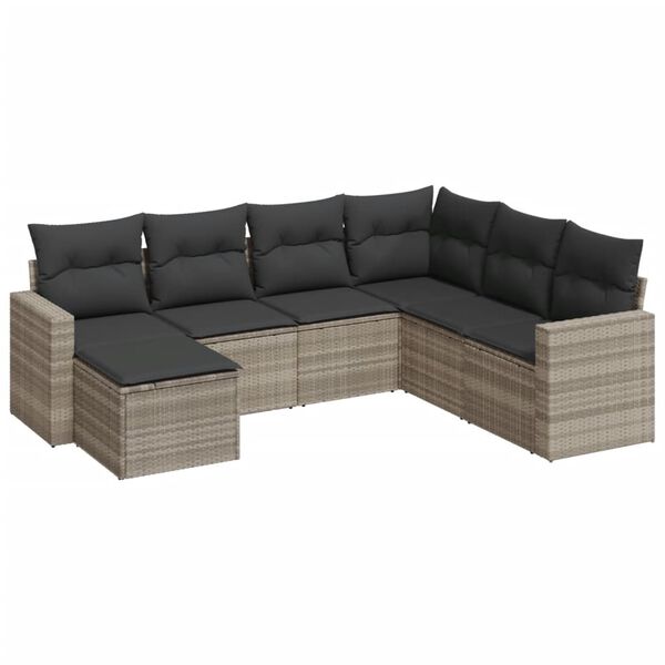 vidaXL 7-tlg. Garten-Sofagarnitur mit Kissen Hellgrau Poly Rattan