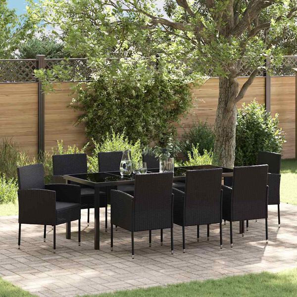 vidaXL Garten Essgruppe mit Kissen 9 pcs Schwarz Poly-Rattan