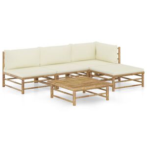 vidaXL 5-tlg. Garten-Lounge-Set mit Cremewei&szlig;en Kissen Bambus