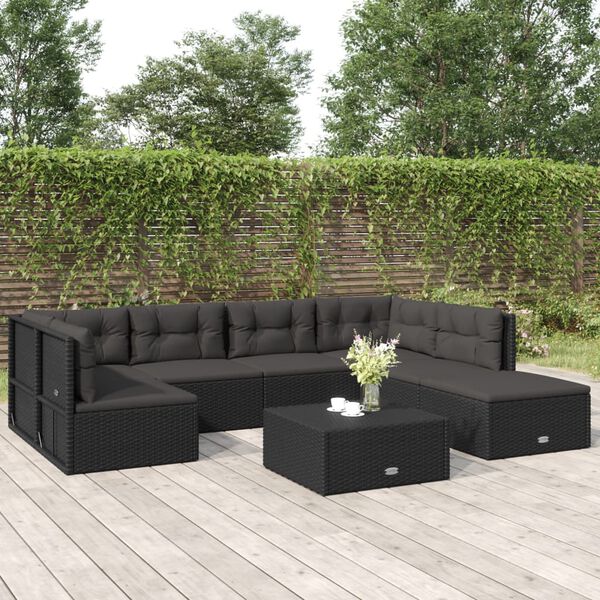 vidaXL 7-tlg. Garten-Lounge-Set mit Kissen Schwarz Poly Rattan