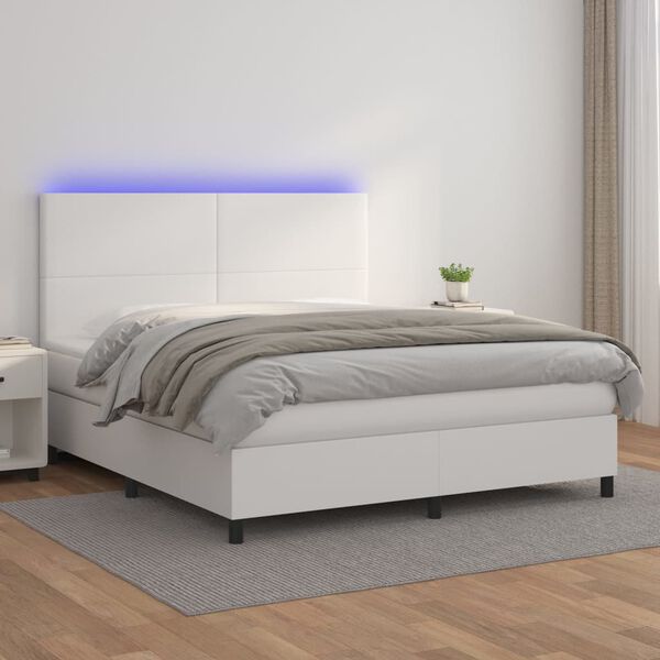 vidaXL Boxspringbett mit Matratze & LED Wei&szlig; 160x200 cm Kunstleder