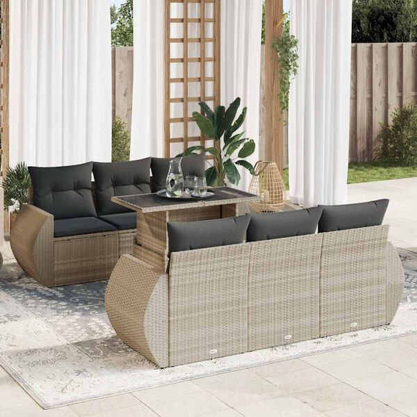 vidaXL 7-tlg. Garten-Sofagarnitur mit Kissen Hellgrau Poly Rattan