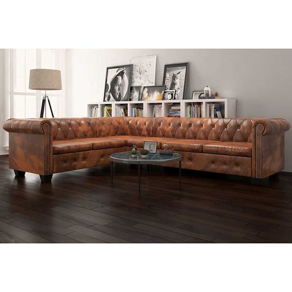 vidaXL Chesterfield-Ecksofa 6-Sitzer Kunstleder Braun