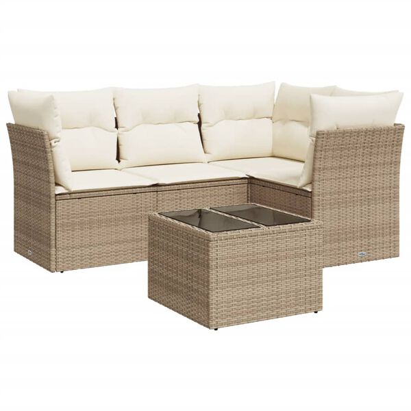 vidaXL 5-tlg. Garten-Sofagarnitur mit Kissen Beige Poly Rattan