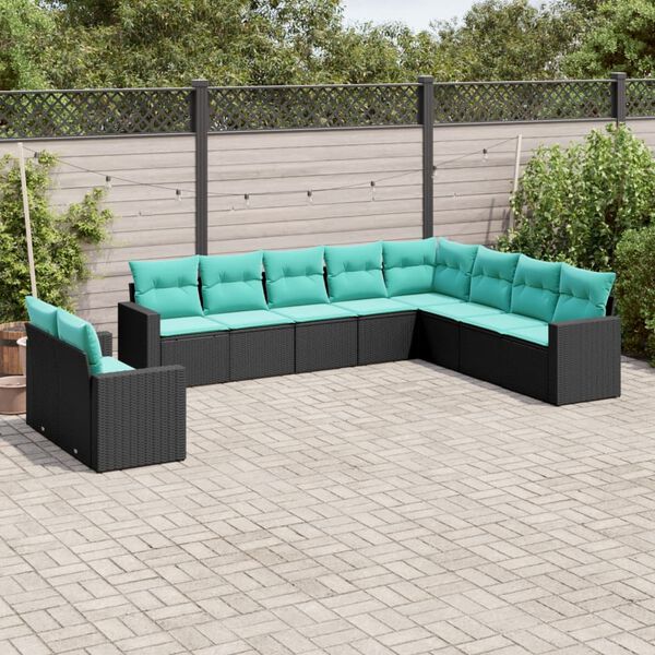 vidaXL 10-tlg. Garten-Sofagarnitur mit Kissen Schwarz Poly Rattan