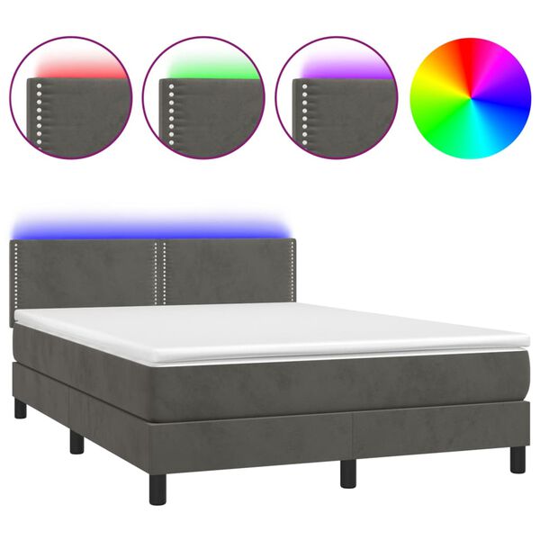 vidaXL Boxspringbett mit Matratze & LED Dunkelgrau 140x200 cm Samt