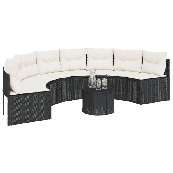 vidaXL Gartensofa mit Tisch und Kissen Halbrund Schwarz Poly-Rattan
