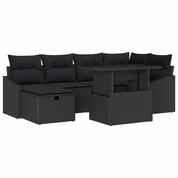 vidaXL Garten-Sofa-Set mit Kissen 7 pcs Schwarz Poly Rattan