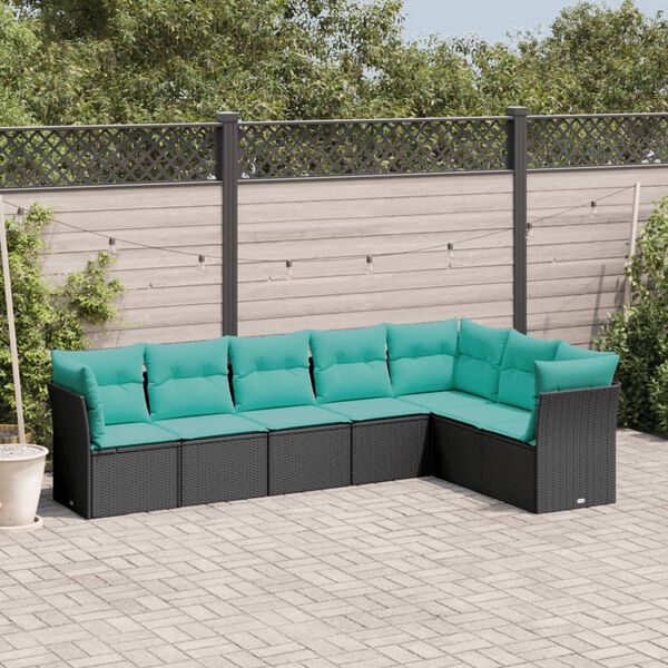vidaXL 7-tlg. Garten-Sofagarnitur mit Kissen Schwarz Poly Rattan