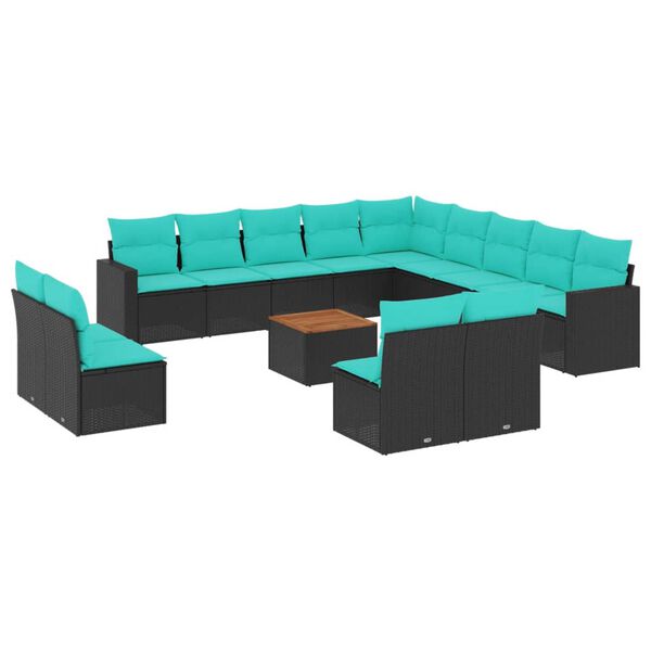 vidaXL 14-tlg. Garten-Sofagarnitur mit Kissen Schwarz Poly Rattan