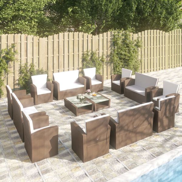 vidaXL 16-tlg. Garten-Lounge-Set mit Kissen Poly-Rattan Braun