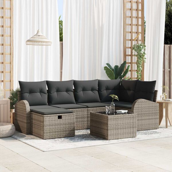 vidaXL Sofa Set mit Kissen mit Speicher Grau Poly-Rattan
