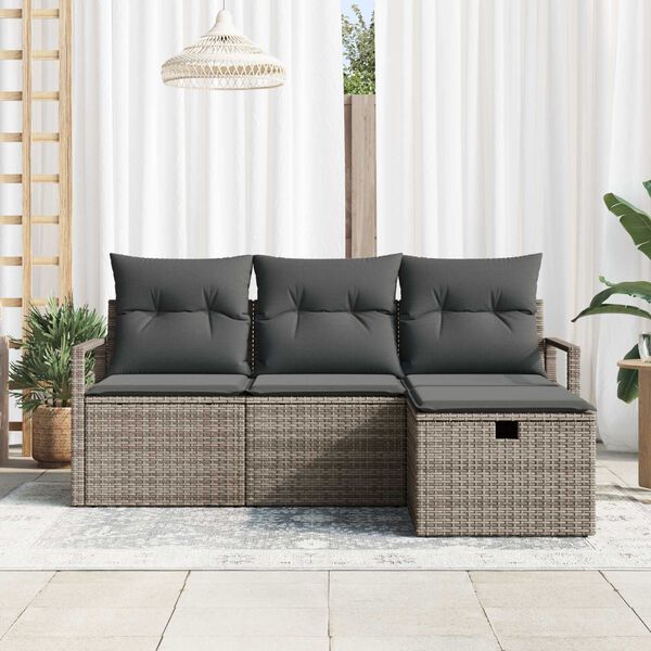 vidaXL Garten-Sofa-Set mit Kissen mit Speicher 4 pcs Grau Poly Rattan
