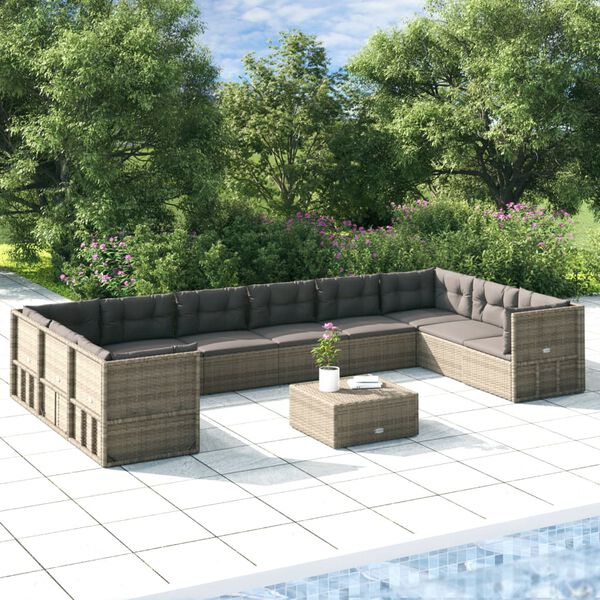 vidaXL 10-tlg. Garten-Lounge-Set mit Kissen Grau Poly Rattan