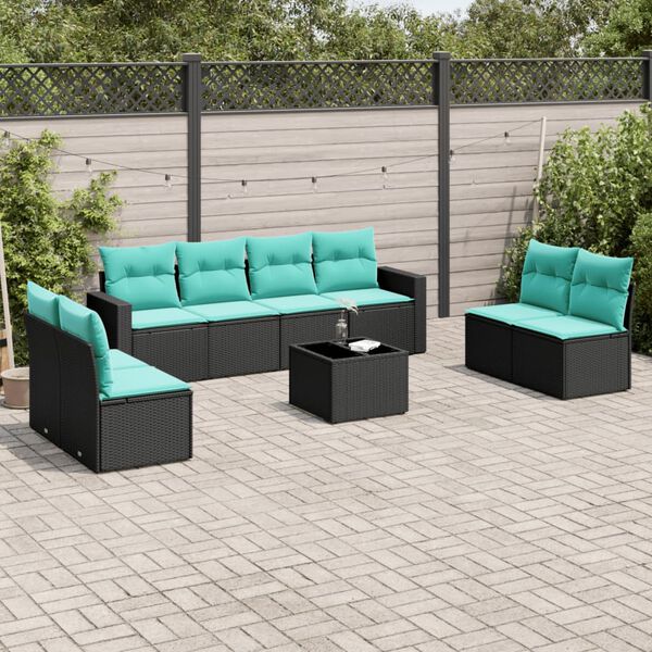 vidaXL 9-tlg. Garten-Sofagarnitur mit Kissen Schwarz Poly Rattan