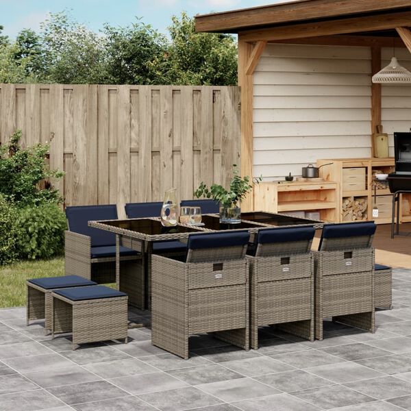 vidaXL 11-teiliges Garten-Ess-Set mit Kissen, grau, Polyrattan