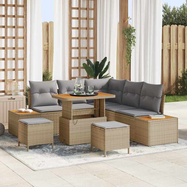vidaXL Gartensofa-set mit Kissen mit Speicher 8 pcs Beige Poly Rattan
